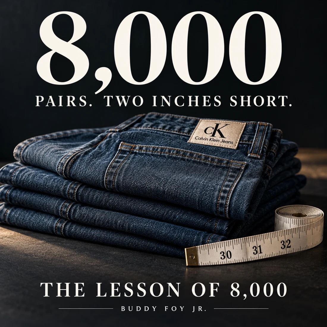 8,000 pairs, two inches short: jeans and a measuring tape, supplied article artwork